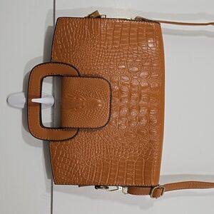 Vegan Leather Cognac Brown Crocodile Textured Crossbody Clutch Bag